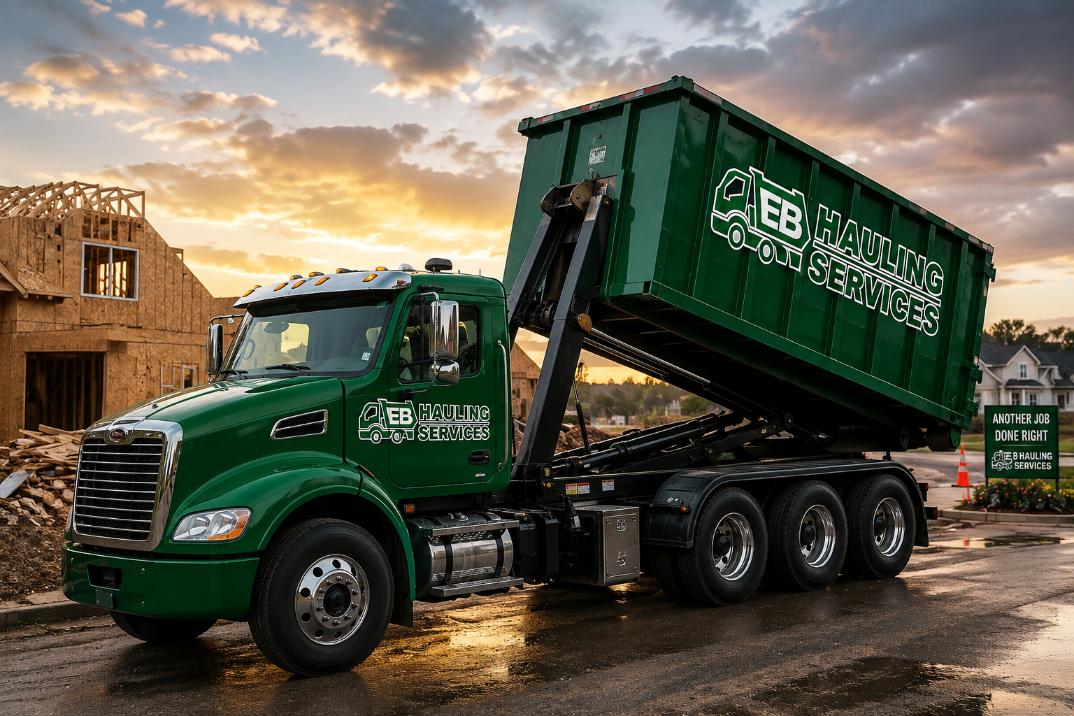 Roll-off truck with branded dumpster at a construction site