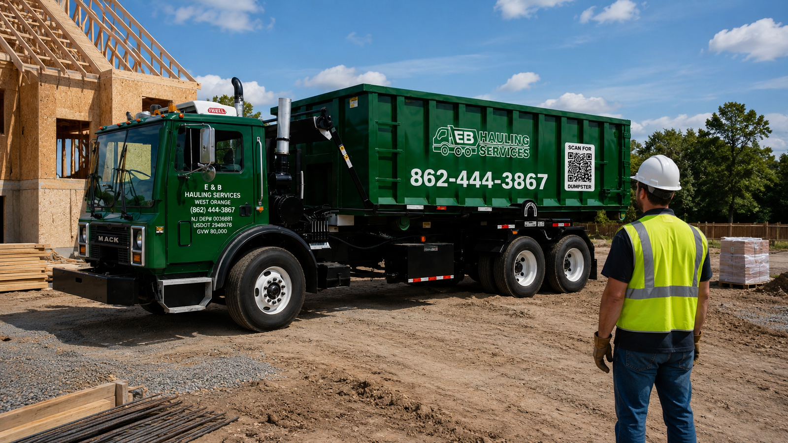 Roll-off truck supporting commercial waste management at a construction site